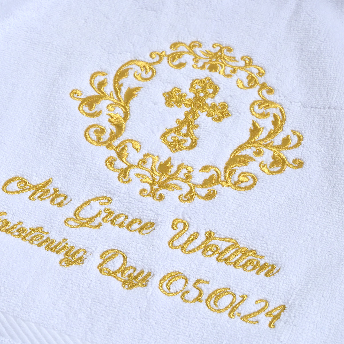 Personalised Christening Bath Towel – Gold Wreath & Cross