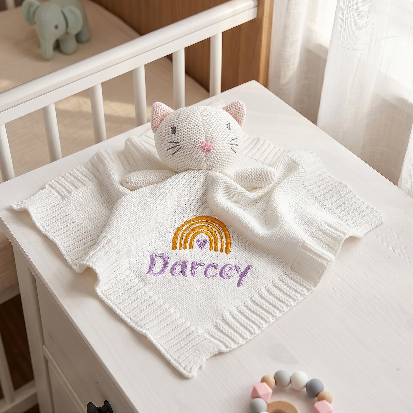 Personalised Knitted Cotton Cat Comforter, Rainbow