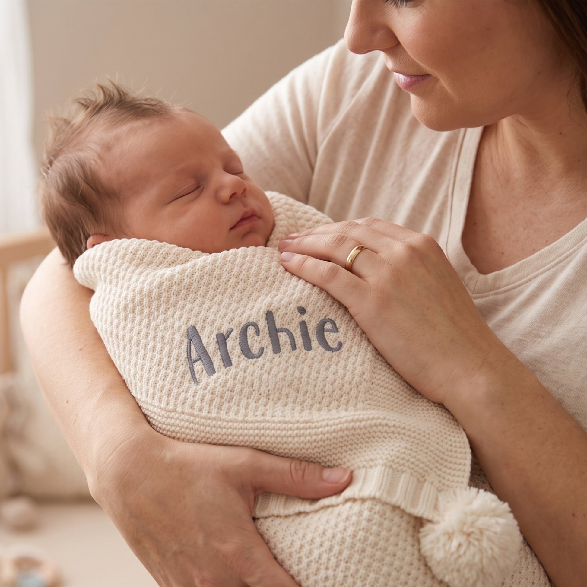 A sleeping newborn baby wrapped in a cream knit swaddle blanket with the name 'Archie' embroidered in navy blue, held by a mother wearing a matching cream top.