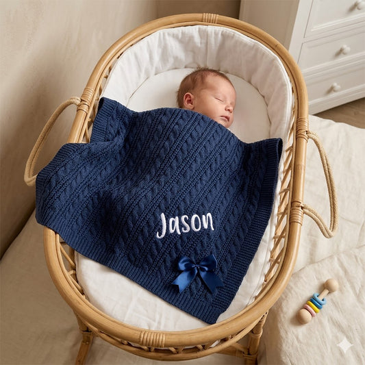 Navy cable knit baby blanket personalised with the name Jason in white embroidery and a navy satin bow, swaddling a sleeping newborn in a wicker Moses basket.