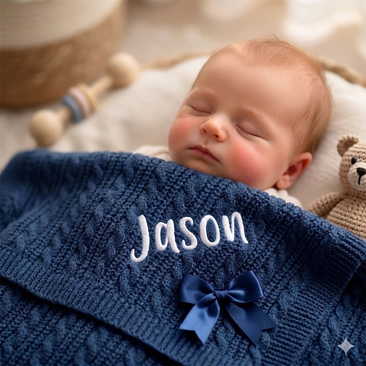 Close-up of a sleeping newborn wrapped in a navy cable knit blanket personalised with the name Jason.