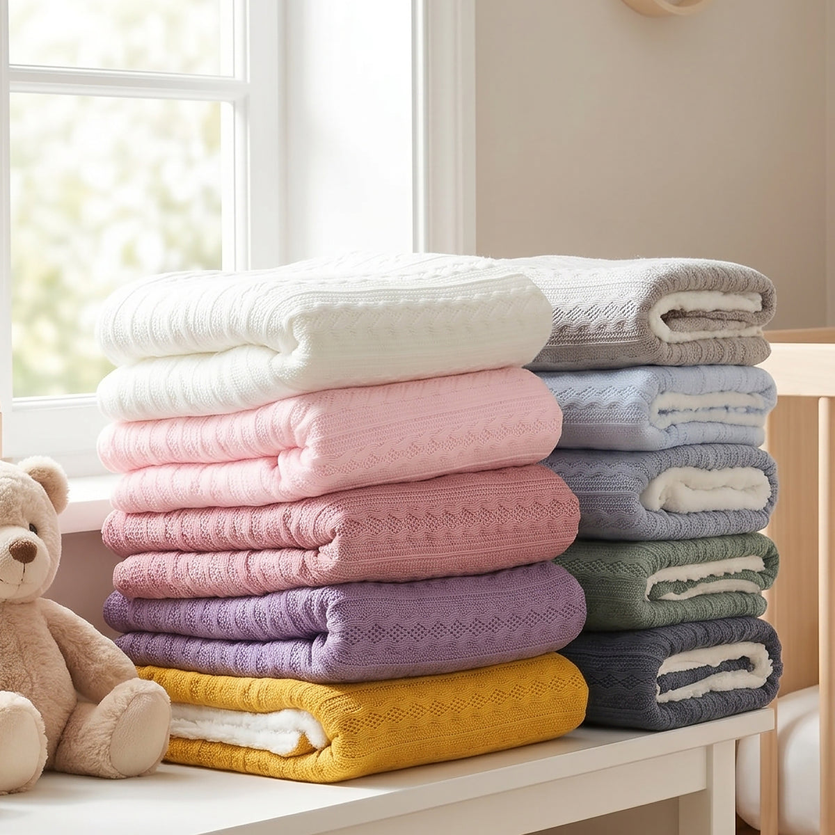 Personalised Sage Green Cable Knit Blanket with Pom-Poms