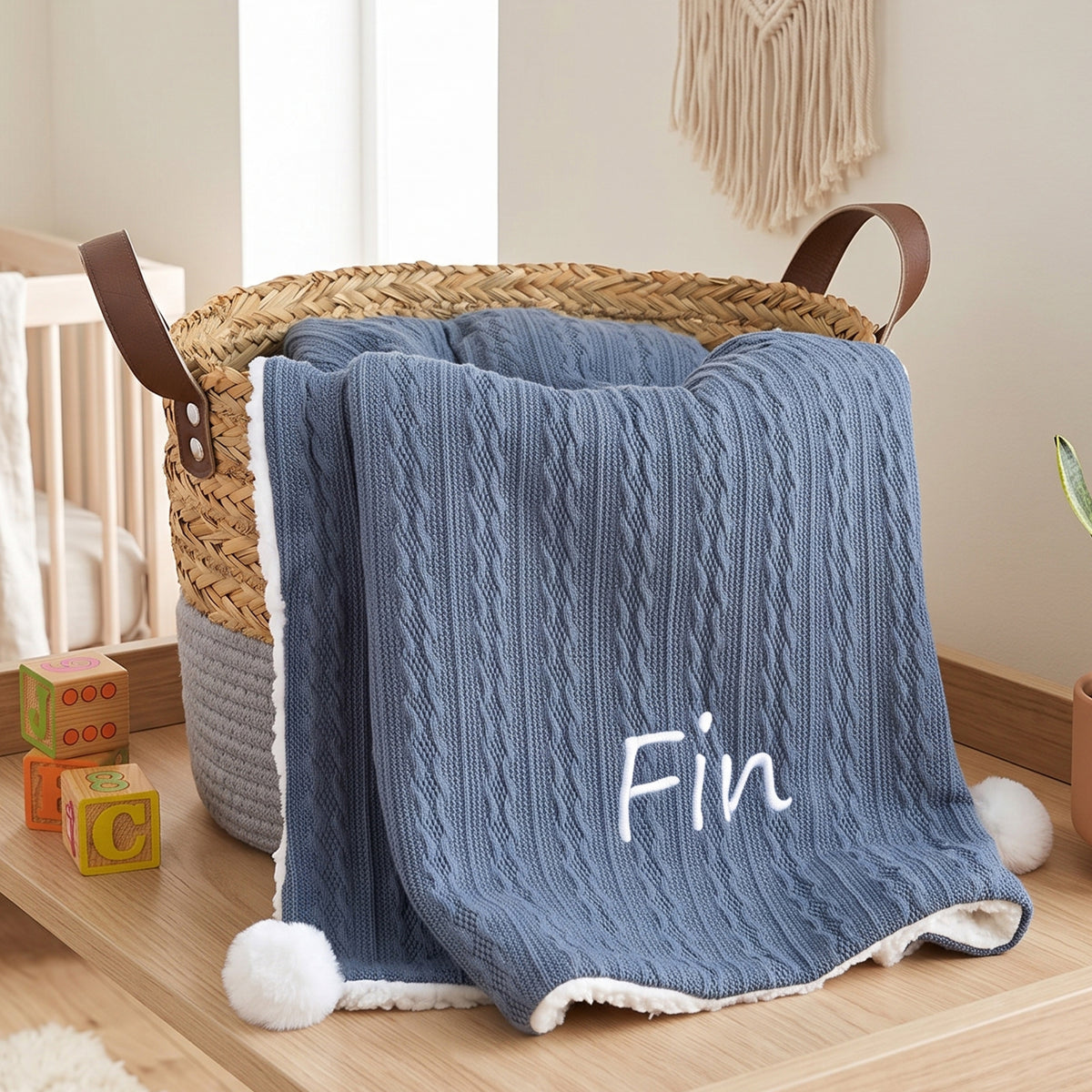 Personalised Dark Blue Cable Knit Blanket with Pom-Poms