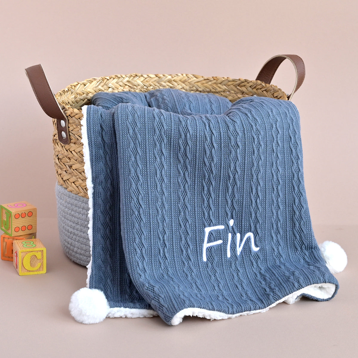 personalised blue knitted baby blanket