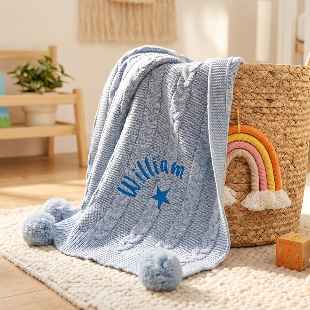 Pale blue cable knit baby blanket with pom-pom corners, personalised with the name William arched above an embroidered star, resting against a woven basket.