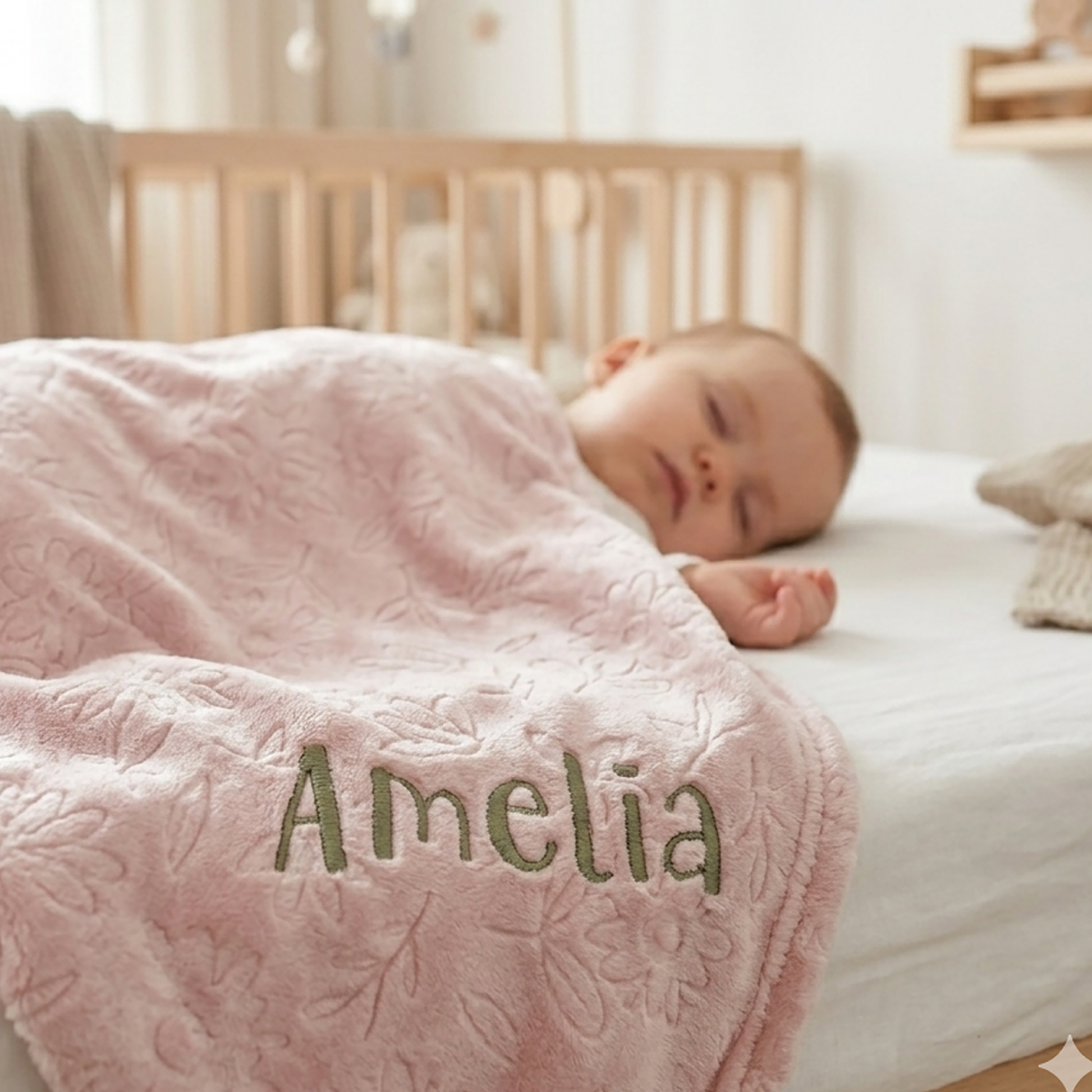 A sleeping baby wrapped in a soft pink blanket with an embossed floral pattern and the name 'Amelia' embroidered in olive green, resting on a white bed in a nursery.