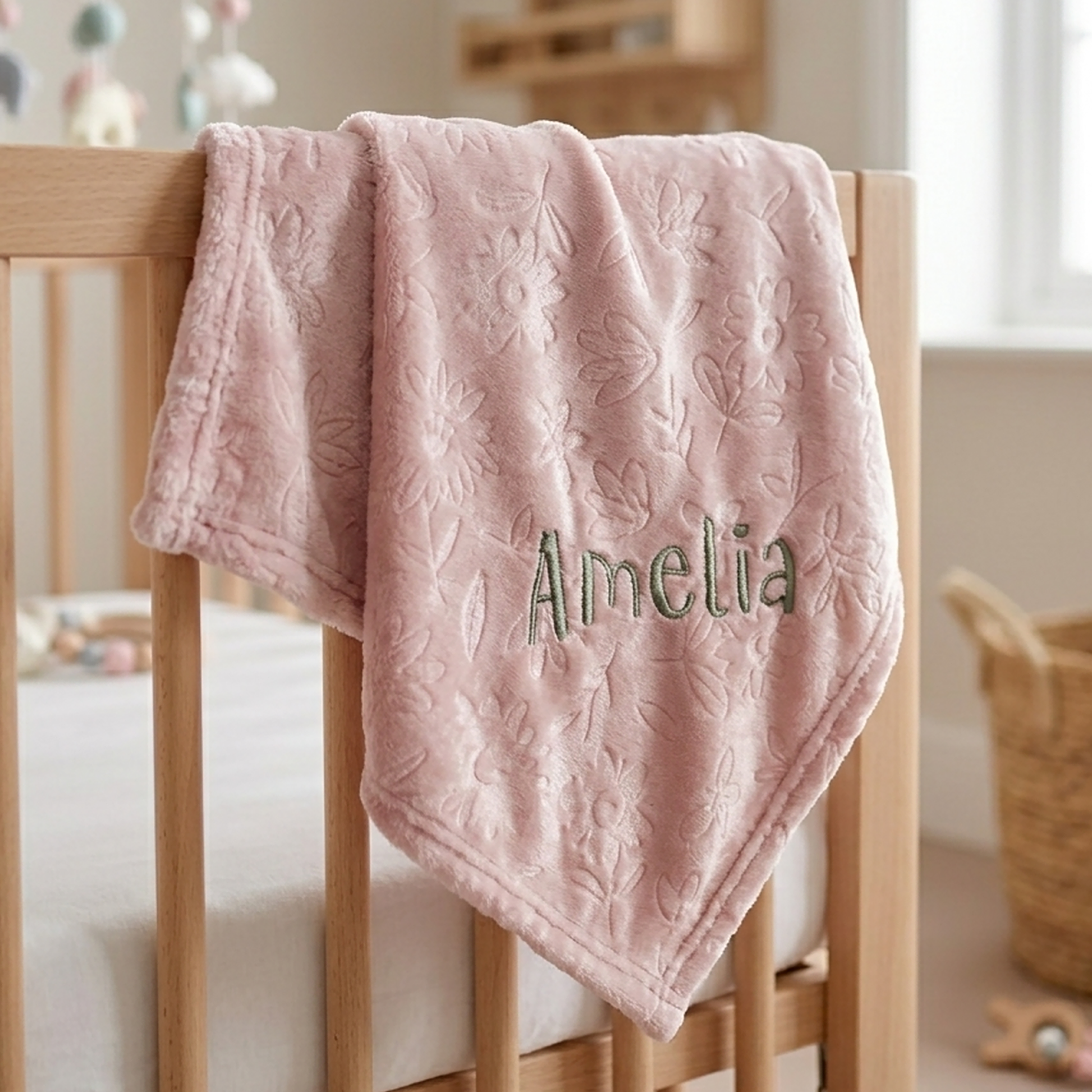 A soft pink textured blanket with the name 'Amelia' embroidered in green, draped over the side of a light wood baby crib in a softly lit nursery.
