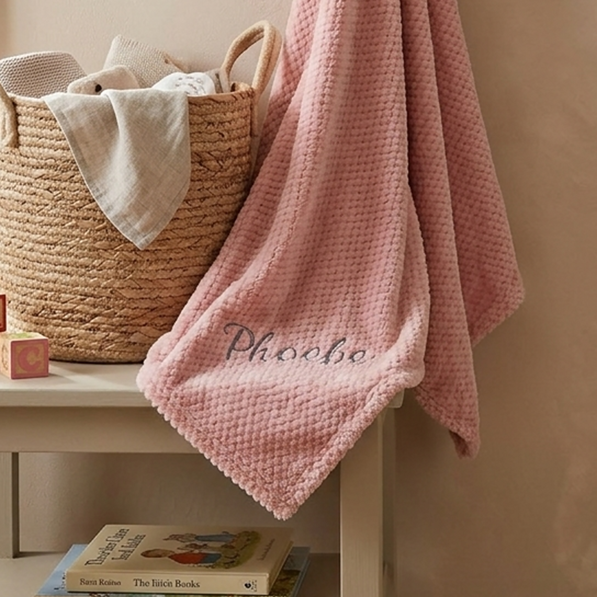 Dusty pink honeycomb fleece baby blanket draped over a wicker basket, personalised with the name Phoebe.