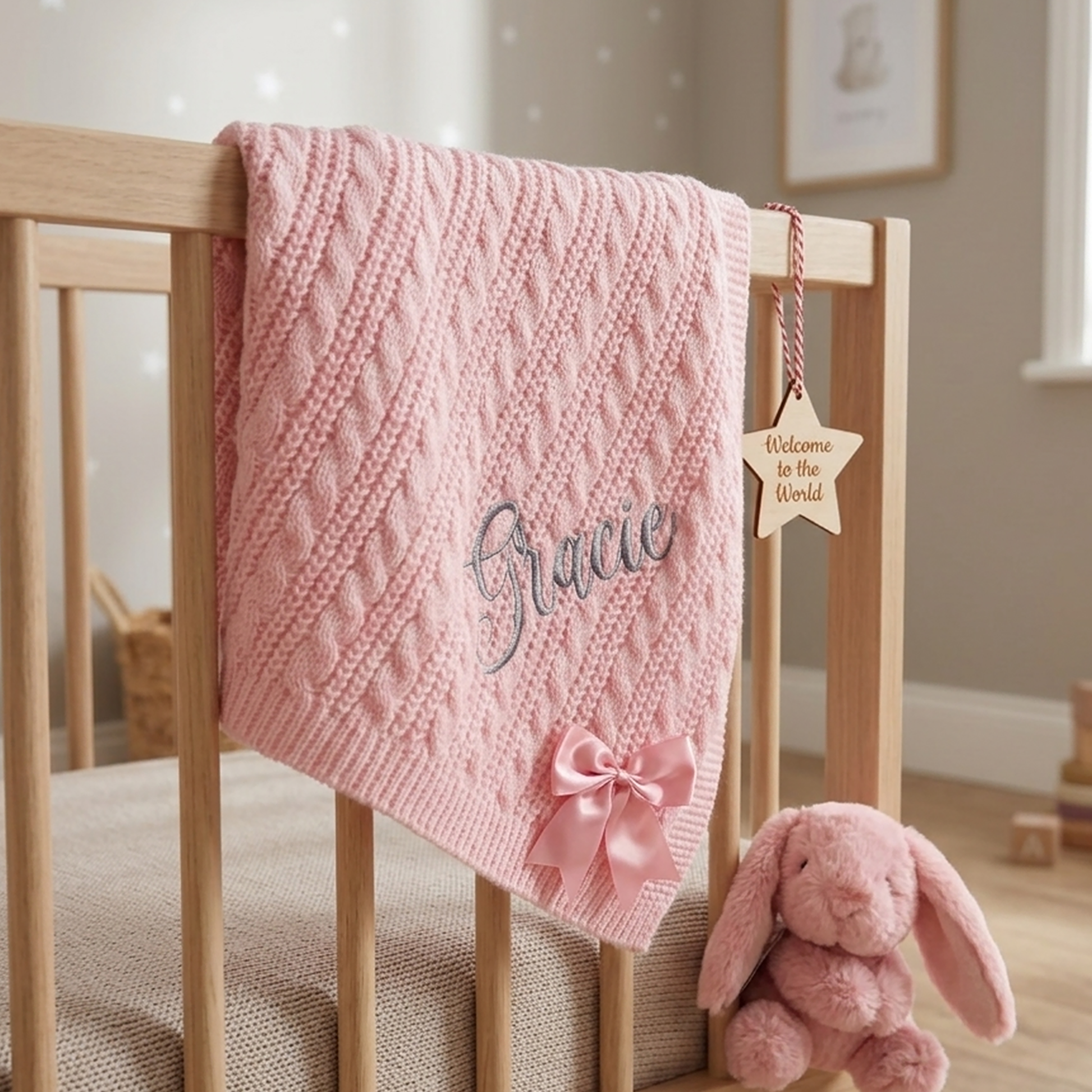 Dusty pink cable knit baby blanket personalised with the name Gracie in grey embroidery and a satin bow, draped over a wooden crib rail in a nursery.