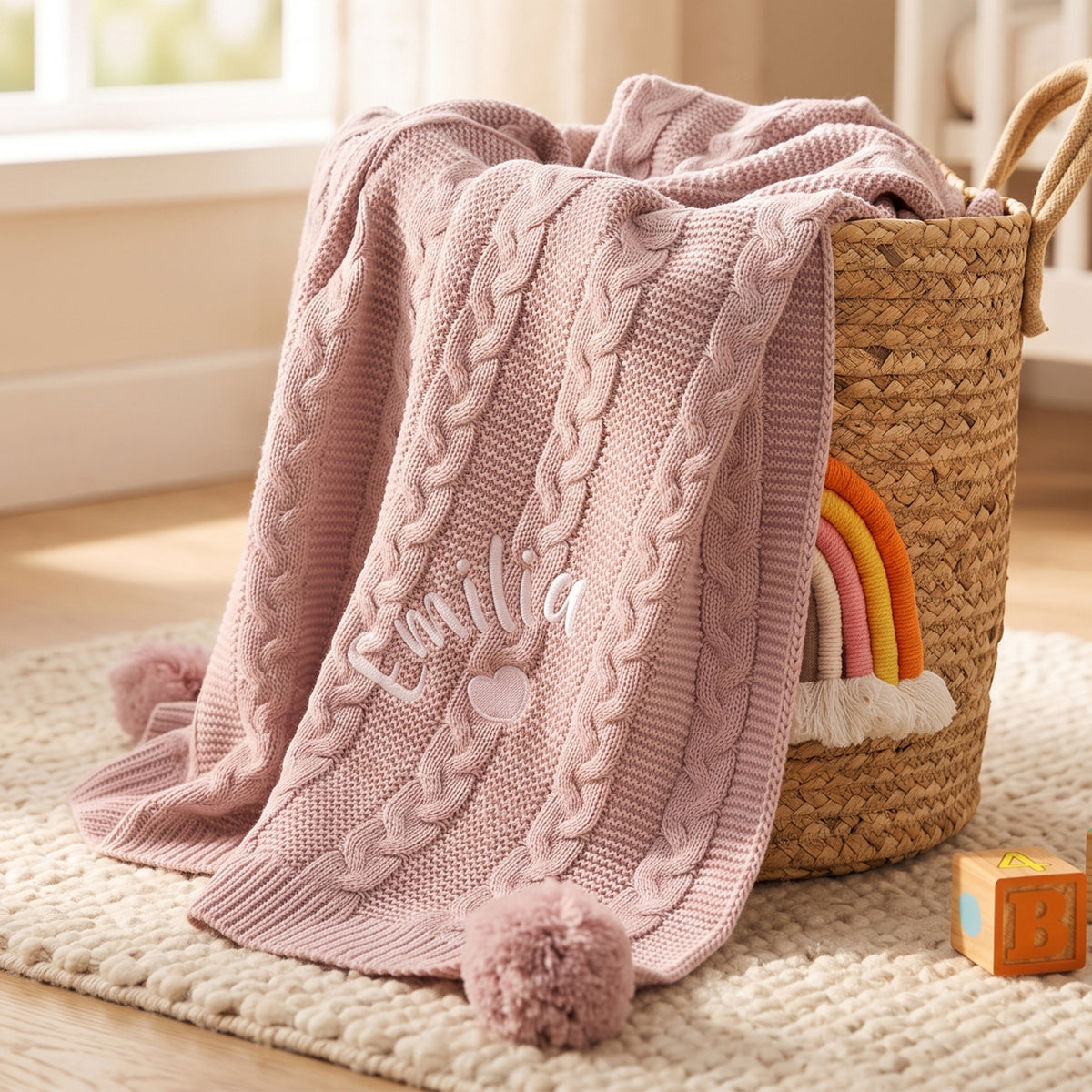 A dusty pink cable-knit baby blanket with pom-poms and a white embroidered name, draped over a woven basket in a bright nursery setting.