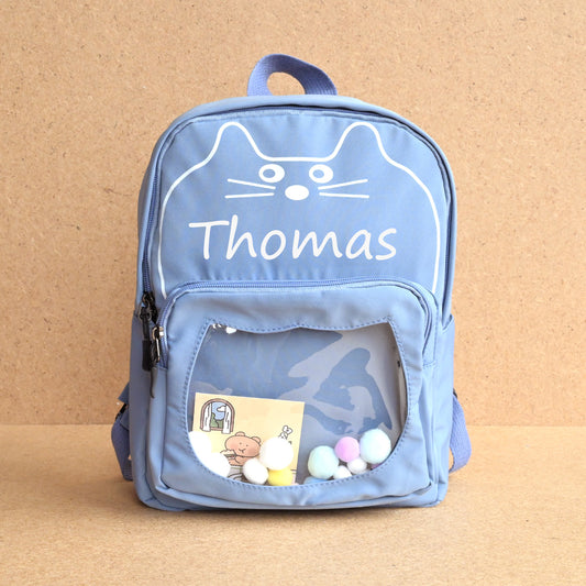 Personalised Kids Cat Blue Backpack