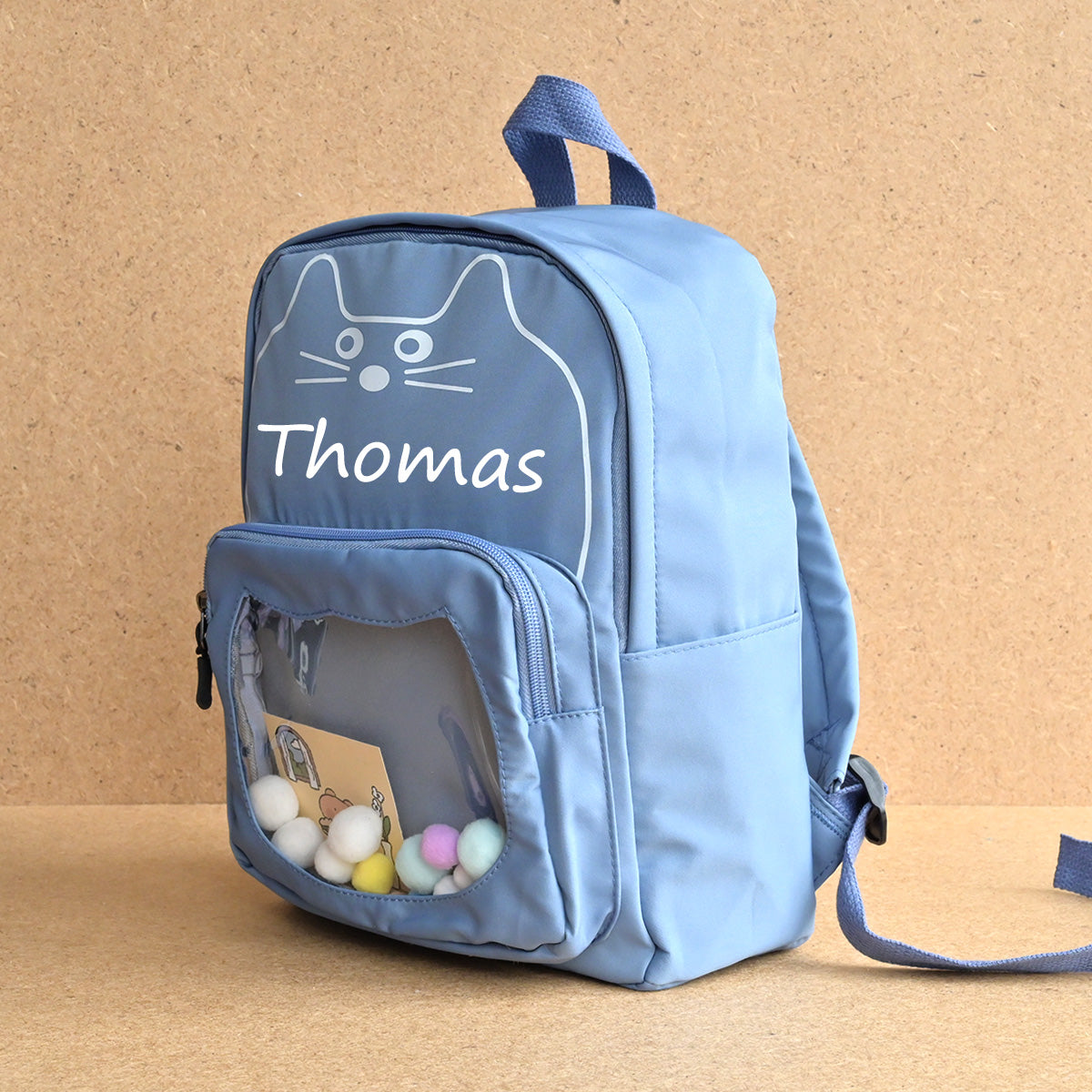 Personalised Kids Cat Blue Backpack