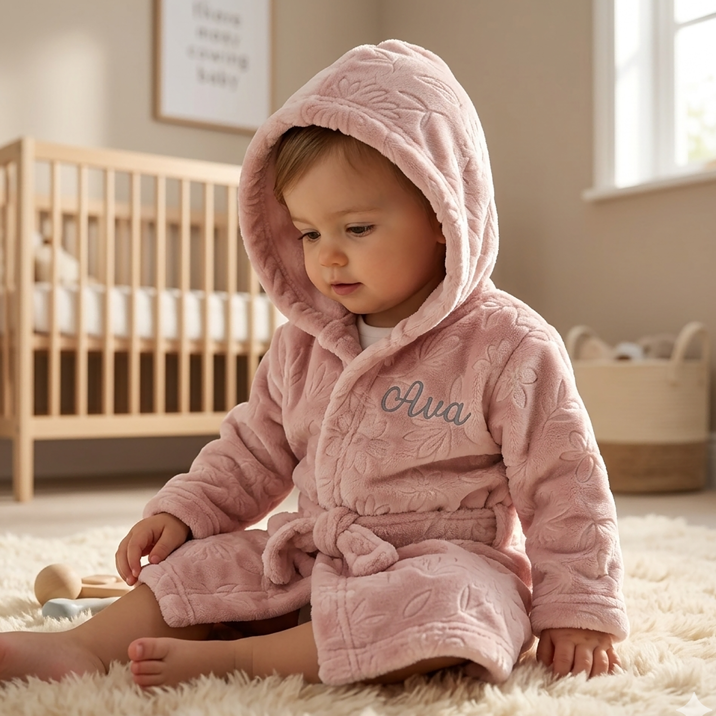 A baby sitting on a fluffy cream rug in a softly lit nursery, wearing a plush pink hooded robe with an embossed floral pattern and the name 'Oria' embroidered in blue on the chest.