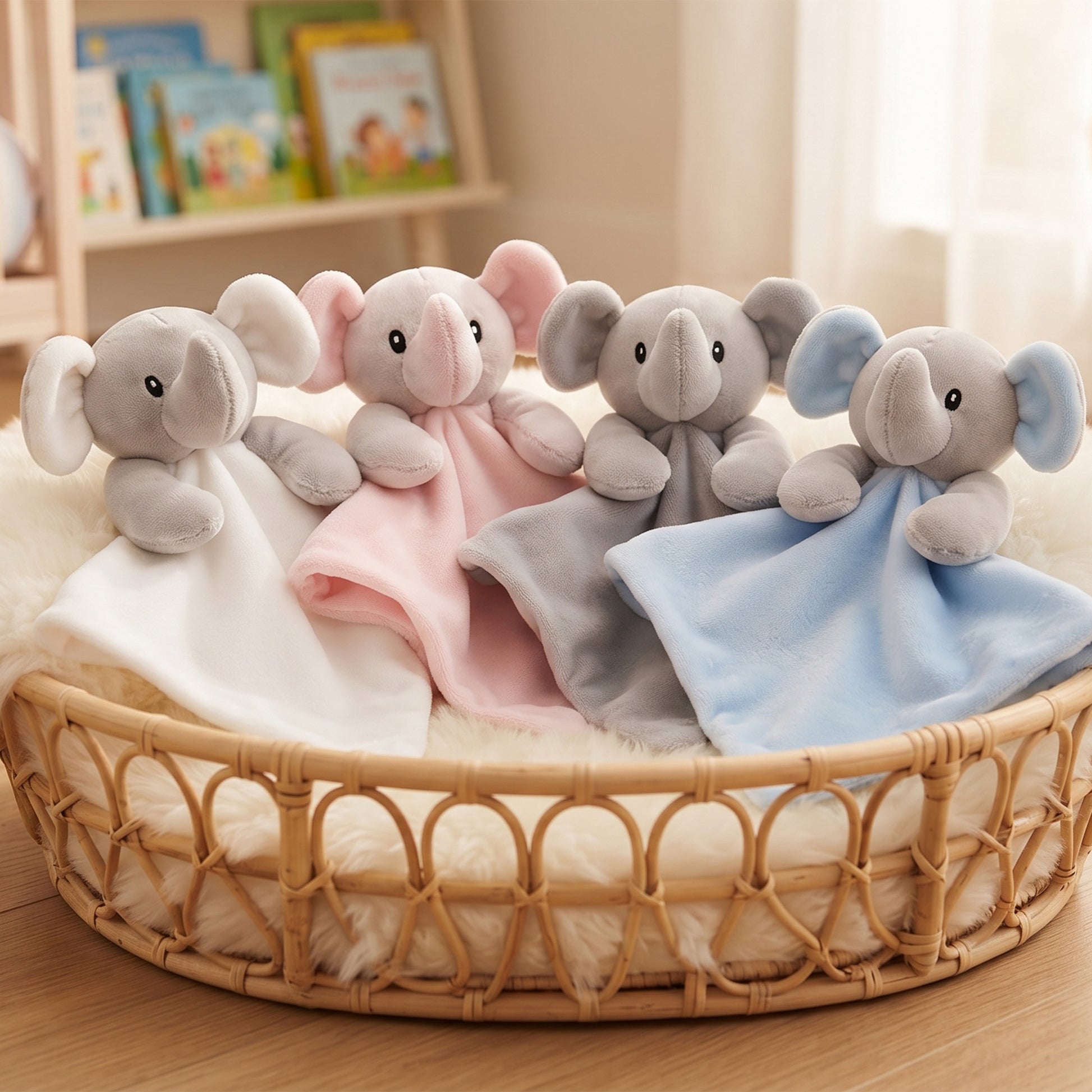 Four plush elephant comforters in gray and pink, each holding a soft blanket in white, cream, pink, and blue, arranged in a round woven basket on a wooden floor in a nursery setting.