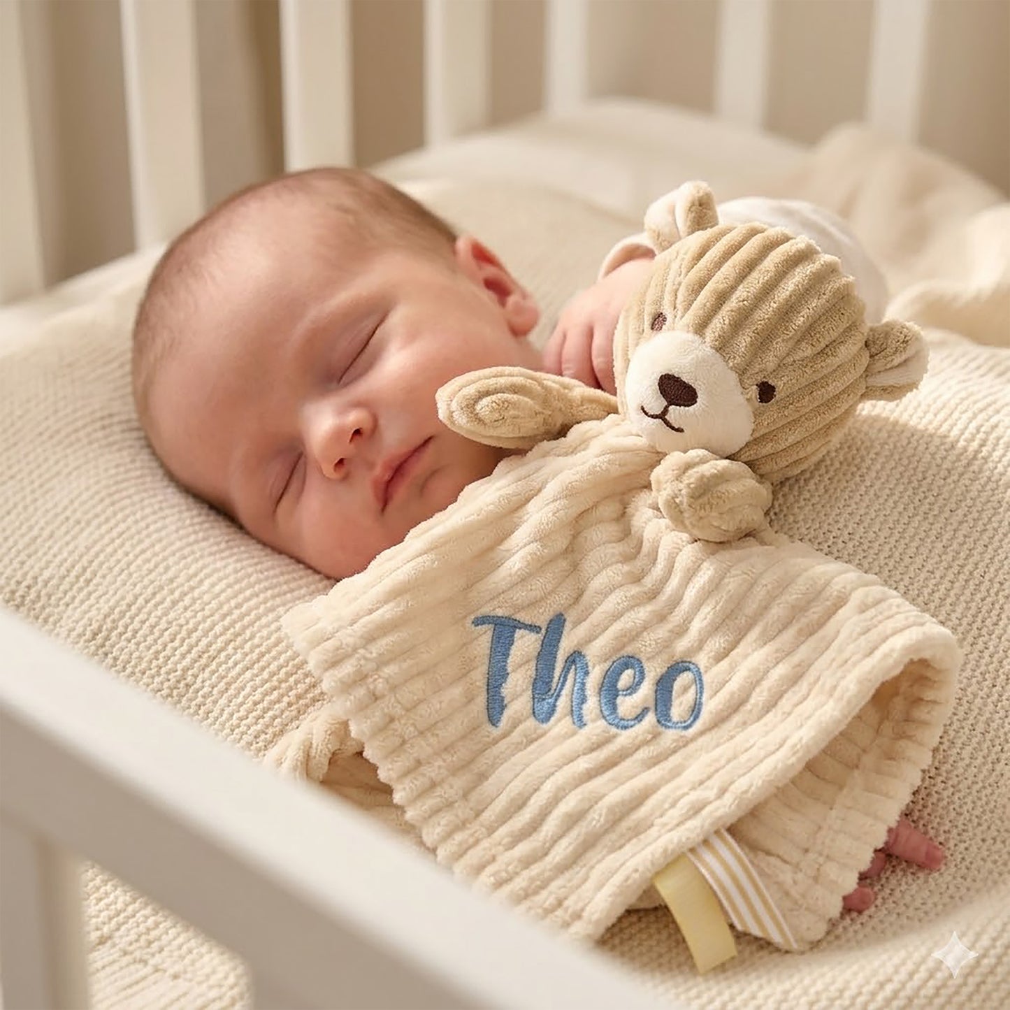 A sleeping newborn baby in a white crib, holding a personalized cream-colored textured blanket with the name 'Theo' embroidered in blue, accompanied by a matching beige teddy bear lovey.