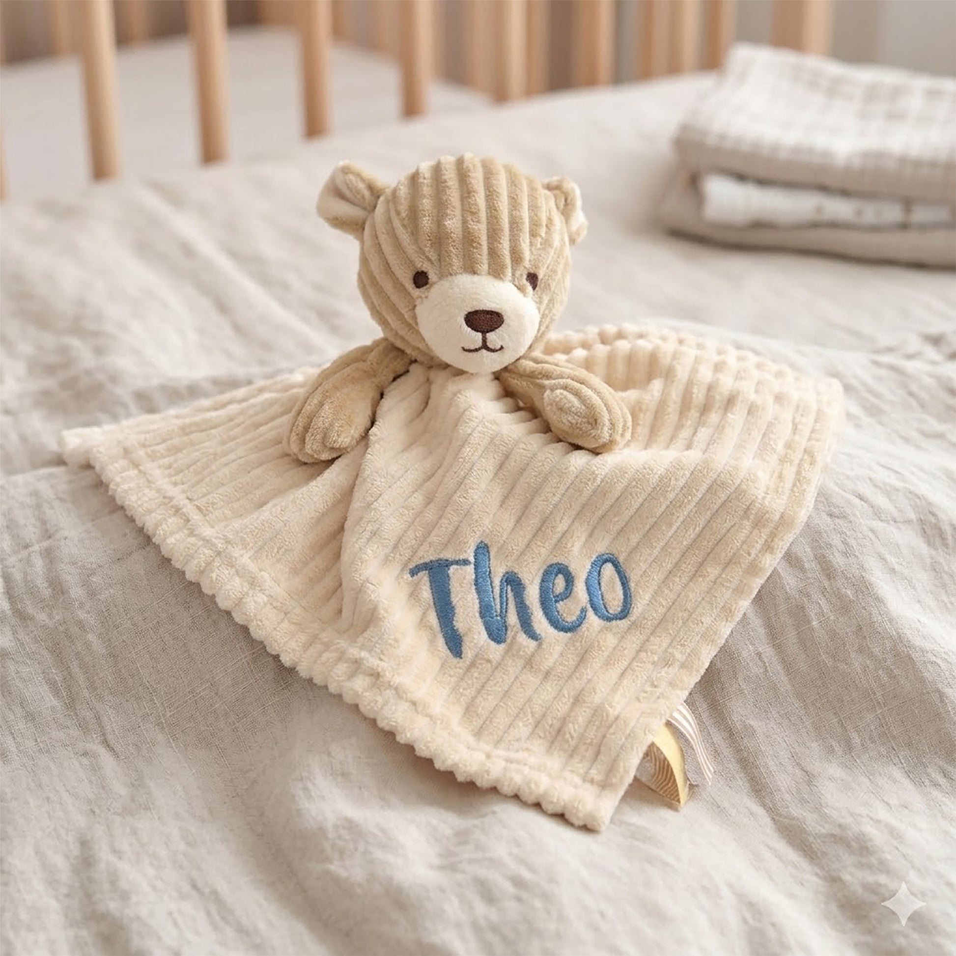 A personalized baby security blanket featuring a beige corduroy teddy bear attached to a cream ribbed fabric square, with the name 'Theo' embroidered in blue on the front. The blanket is styled on a neutral beige bedspread with a wooden crib visible in the background.