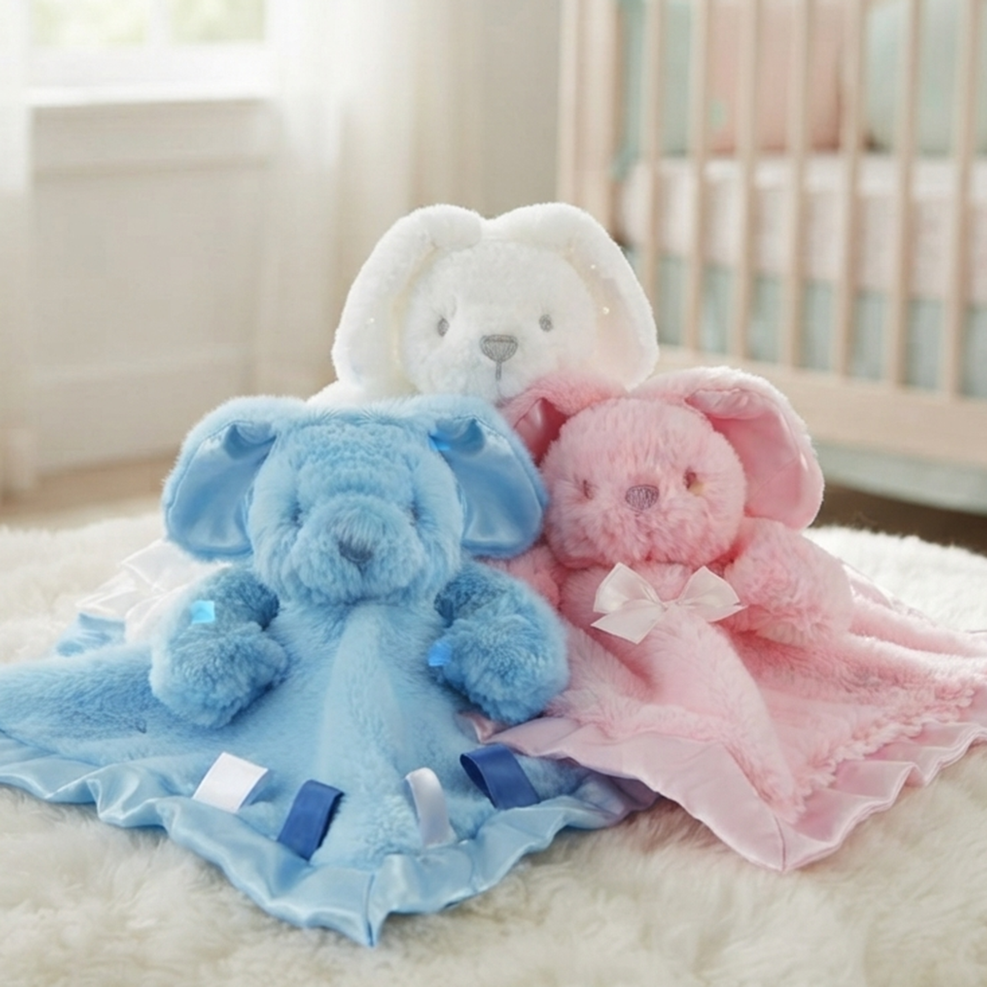 Two plush bunny comforters with attached blankets, one in light blue and one in light pink, arranged together on a white faux-fur surface in a softly lit nursery setting.