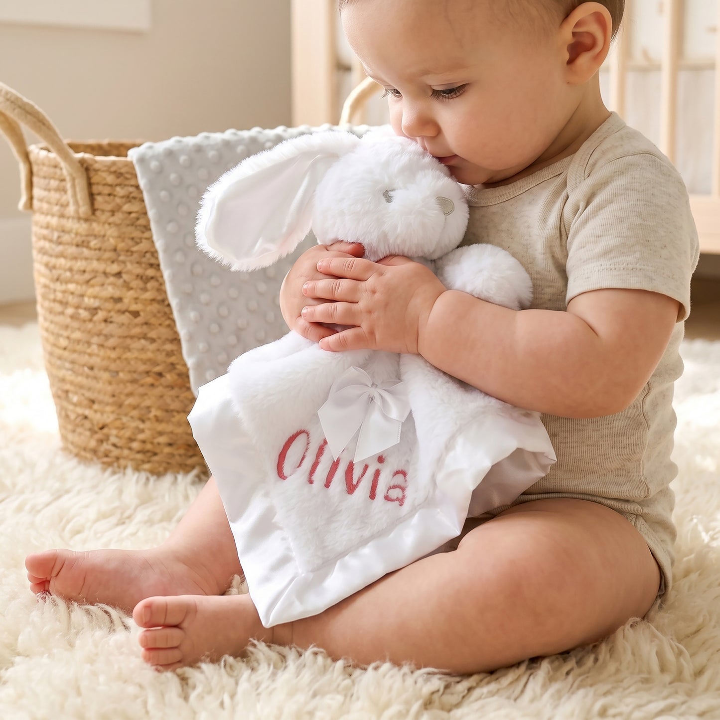 Baby cuddling a white faux fur bunny comforter with satin trim and bow, personalised with the name "Olivia" in red embroidery, next to a woven basket.