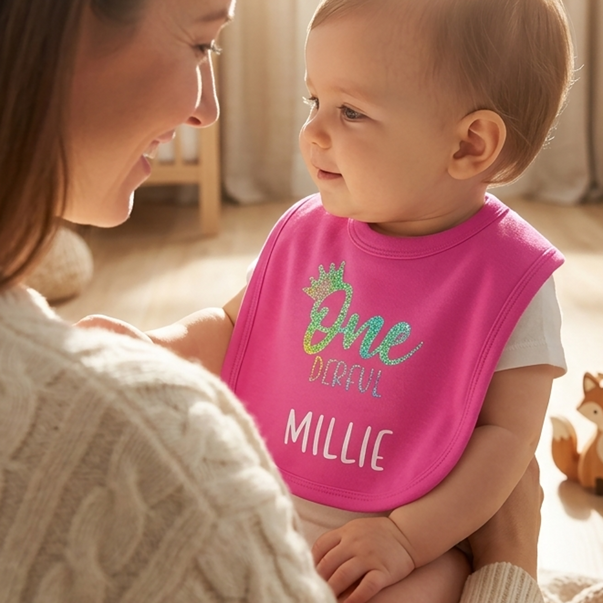 Magenta personalised 1st birthday baby bib with gold glitter crown, "One-derful" wording and custom name printed in white
