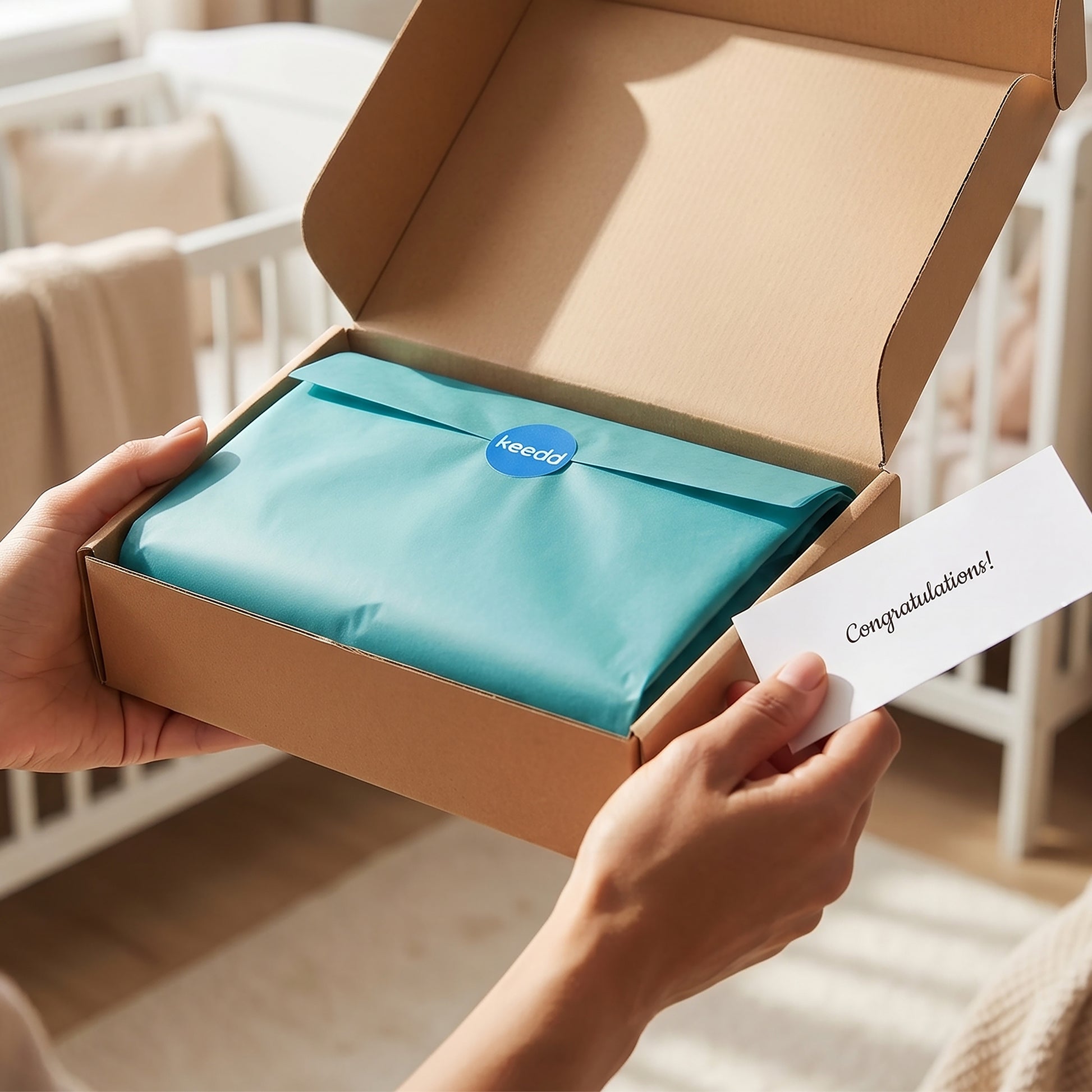 Person opening a box containing a teal baby blanket with a 'keeda' label and a 'Congratulations!' card.