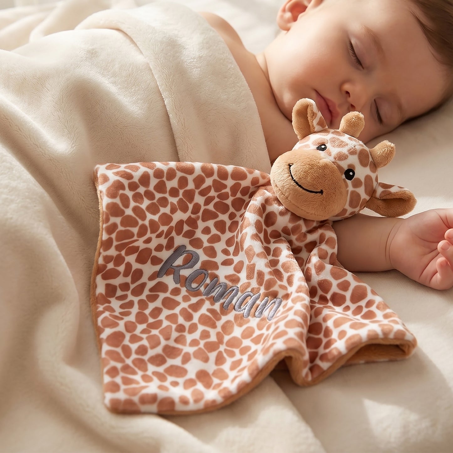 A sleeping baby wrapped in a cream blanket, holding a plush giraffe security blanket with the name 'Romain' embroidered in gray on a brown and cream giraffe print.