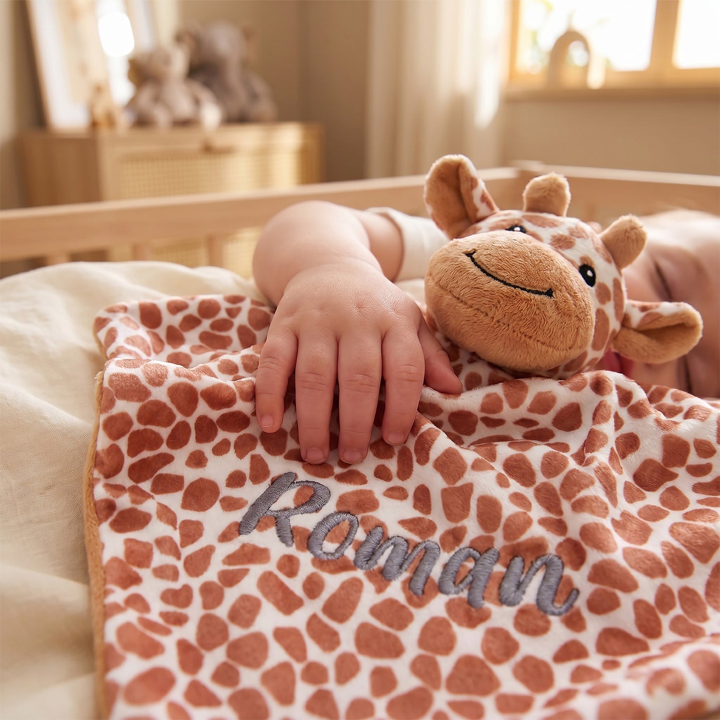 A close-up lifestyle shot of a baby's hand resting on a personalized baby blanket and a plush giraffe toy. The blanket is white with brown giraffe spots and features the name 'Roman' embroidered in gray script.