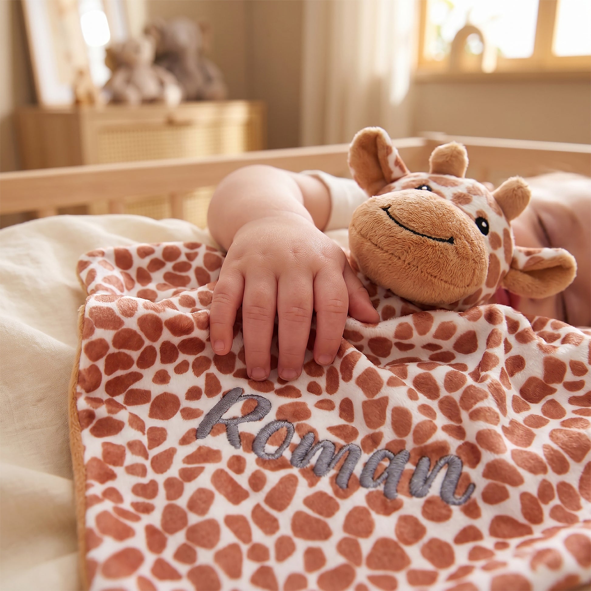 A close-up lifestyle shot of a baby's hand resting on a personalized baby blanket and a plush giraffe toy. The blanket is white with brown giraffe spots and features the name 'Roman' embroidered in gray script.