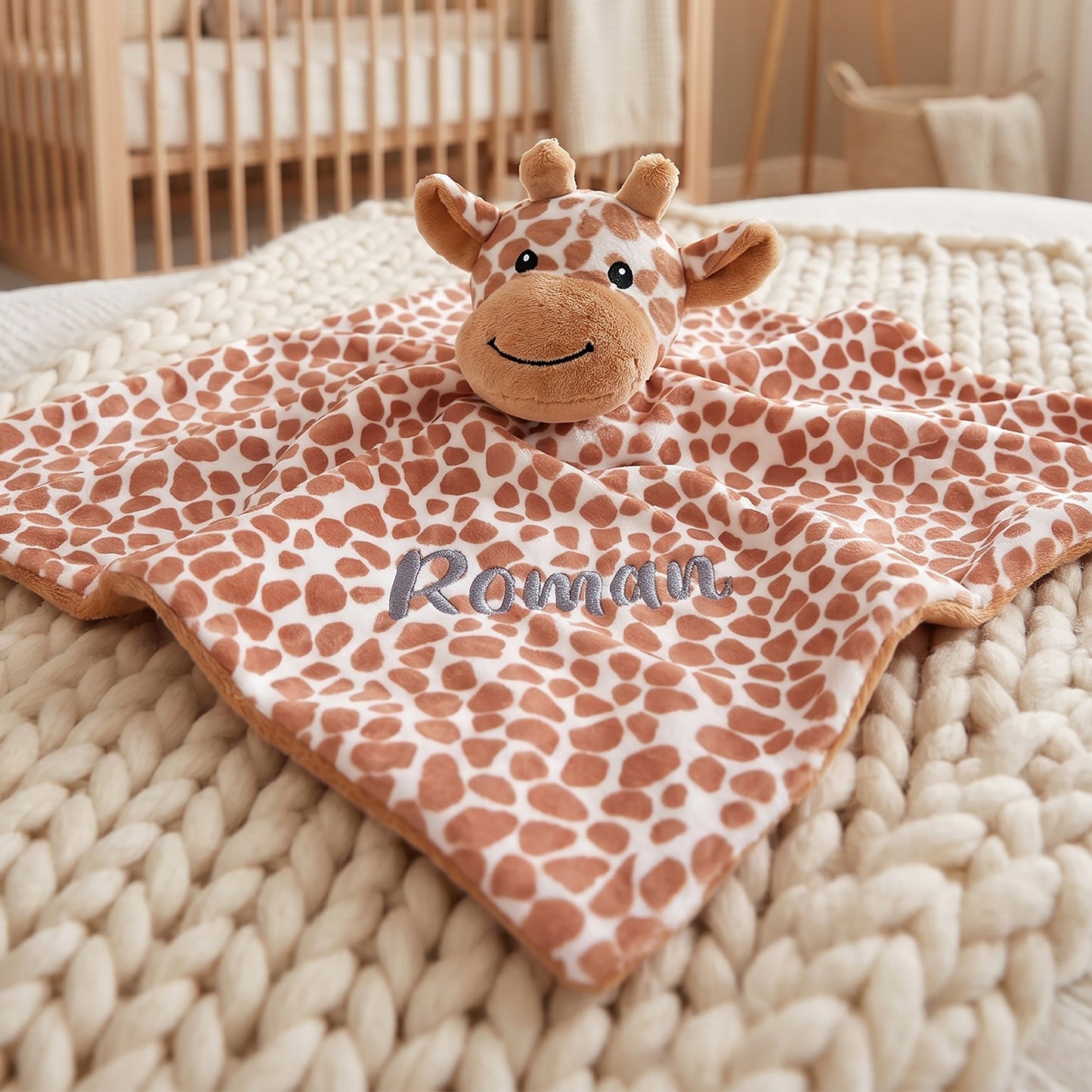 A personalized baby security blanket featuring a plush giraffe head and a soft blanket with a brown and cream giraffe print pattern, personalized with the name 'Roman' in gray script. The blanket is styled on a chunky cream knit blanket in a soft, warm nursery setting.