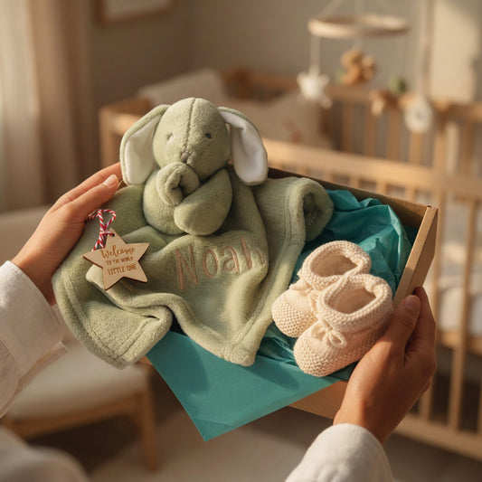 A baby gift set held in two hands, featuring a plush sage green elephant blanket with white ears and the name 'Noah' embroidered on it, a pair of cream knit baby shoes, and a wooden star tag that reads 'Welcome to the little big.' The set is presented in a wooden box lined with teal tissue paper, set against a softly blurred nursery background.