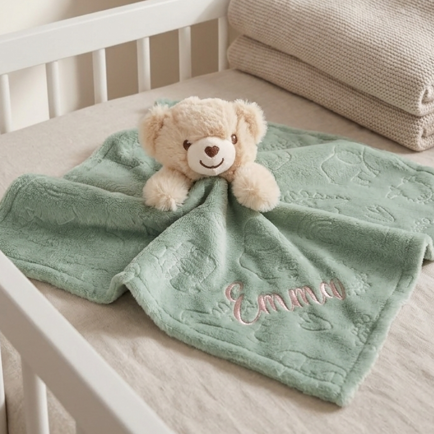 A mint green plush baby blanket with an elephant pattern and the name 'Emma' embroidered in pink, styled on a white crib with a teddy bear tucked inside.