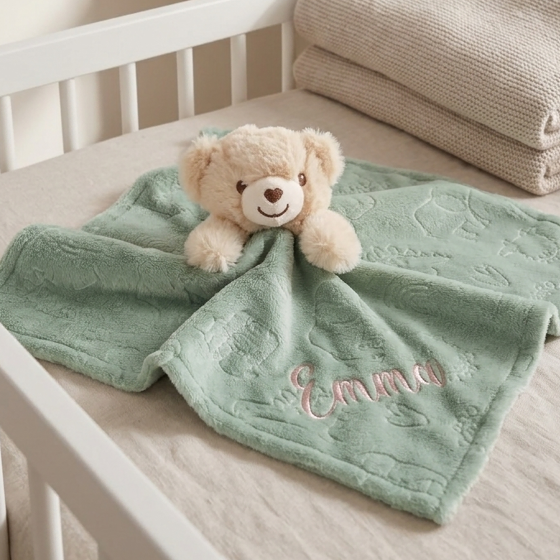 A mint green plush baby blanket with an elephant pattern and the name 'Emma' embroidered in pink, styled on a white crib with a teddy bear tucked inside.