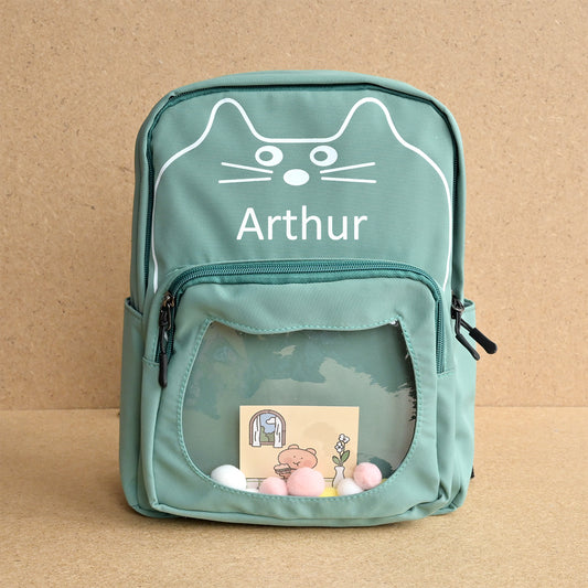 Personalised Kids Cat Green Backpack