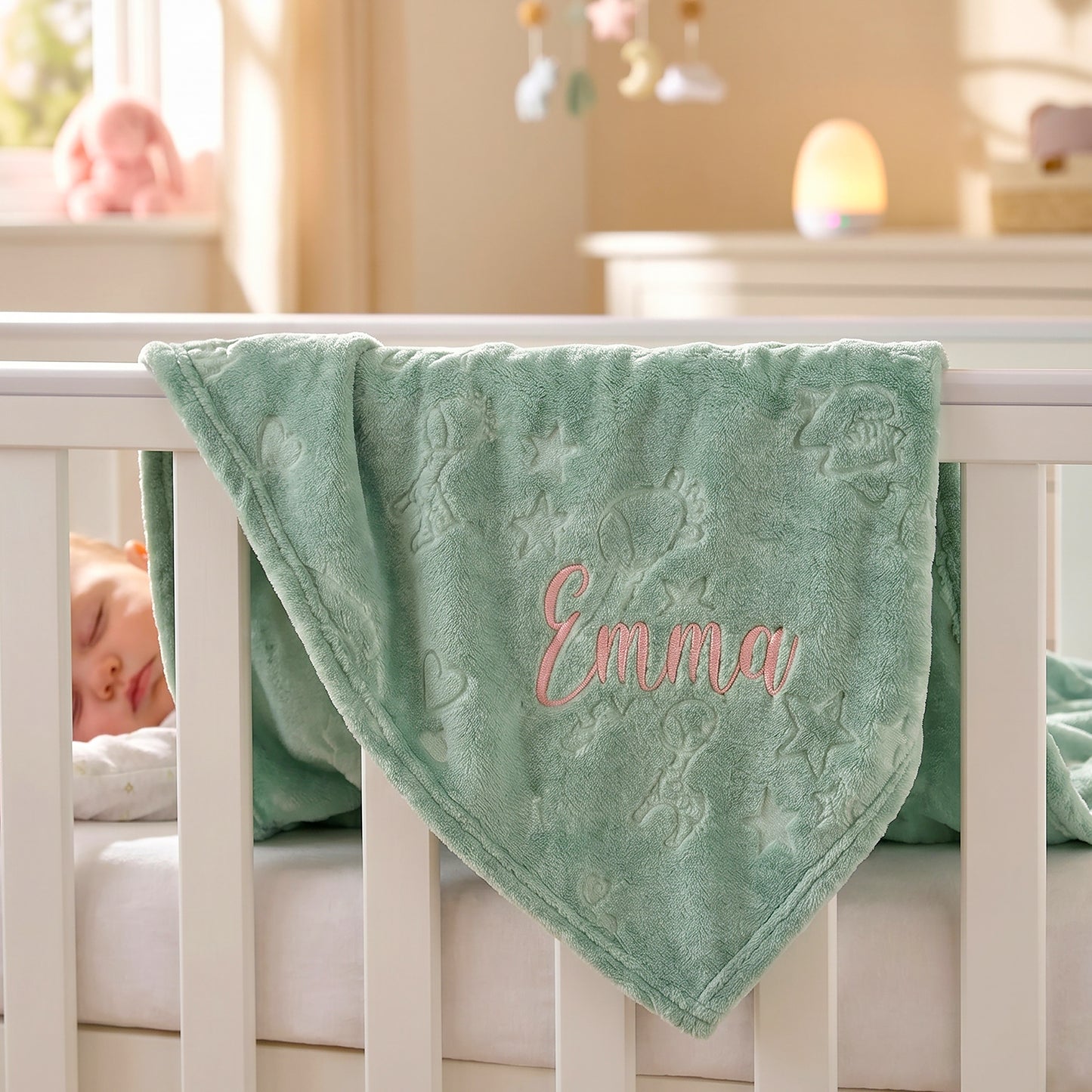 Sage green flannel baby wrap with an embossed bunny, star and heart design, personalised with the name Emma in pink script embroidery, draped over a cot rail.