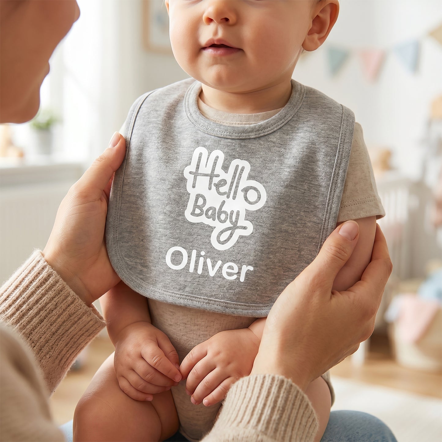Personalised "Hello Baby" Grey Bib