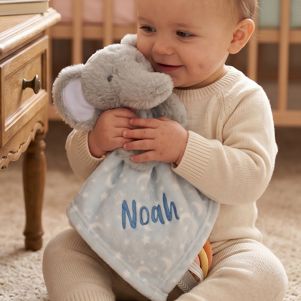 Personalised Grey Elephant Comforter, Moon Print