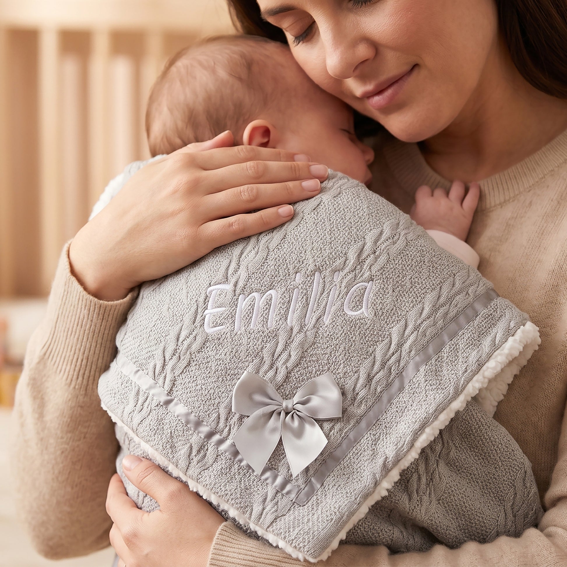 A close-up lifestyle shot of a woman holding a baby wrapped in a personalized light gray cable-knit blanket. The blanket features the name 'Emma' embroidered in white on the front, a matching gray satin bow, and a soft fleece lining, set against a warm, softly blurred background.