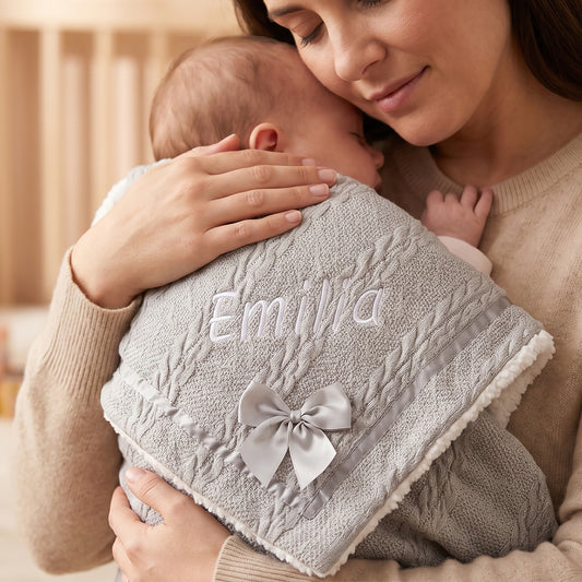 A close-up lifestyle shot of a woman holding a baby wrapped in a personalized light gray cable-knit blanket. The blanket features the name 'Emma' embroidered in white on the front, a matching gray satin bow, and a soft fleece lining, set against a warm, softly blurred background.