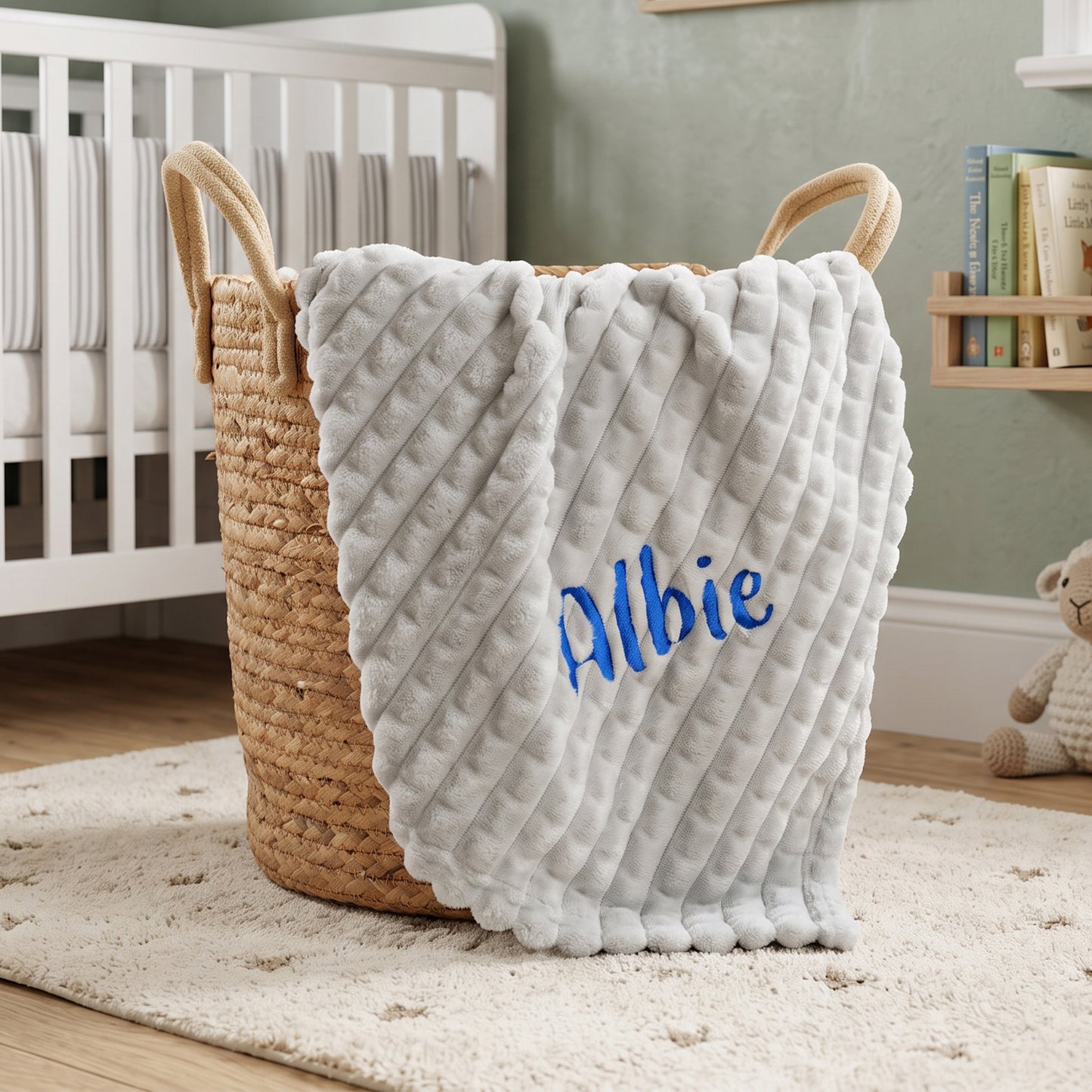 A light gray textured blanket with the name 'Albie' embroidered in blue, draped over a woven straw basket in a nursery setting.