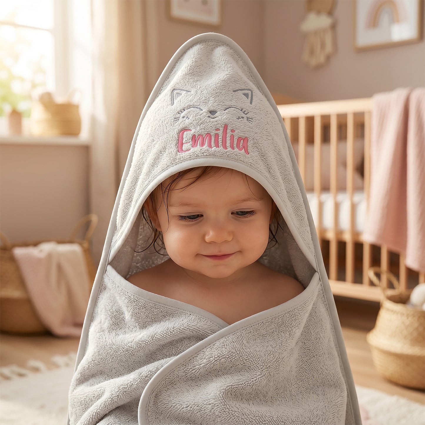 Grey hooded baby towel with an embroidered cat face and whiskers on the hood, personalised with the name Emilia in pink, worn by a toddler standing in a nursery.