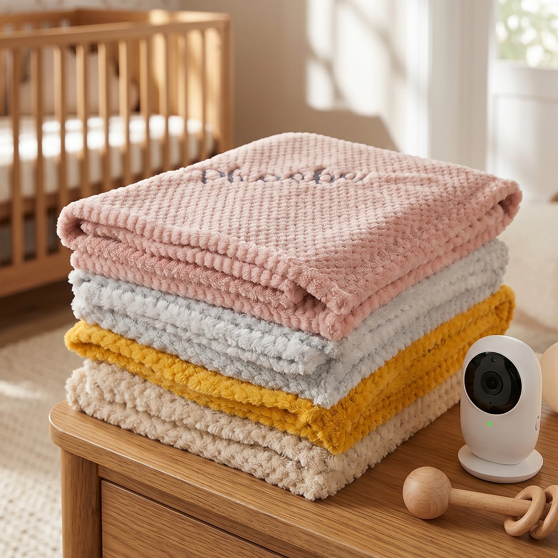 Stack of folded honeycomb fleece baby blankets in pink, grey, and mustard yellow on a wooden stool.