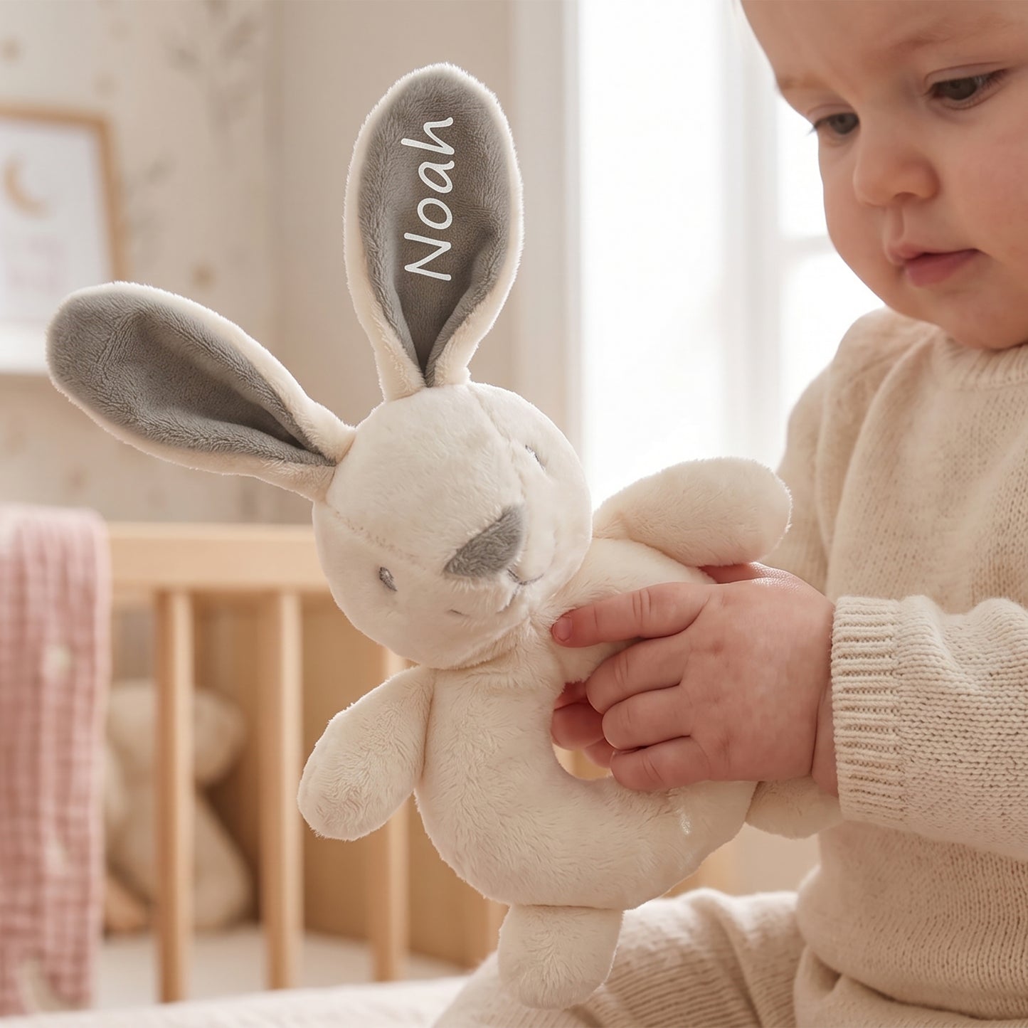 Cream bunny rattle soft toy with grey-lined ears, personalised with the name Noah embroidered on one ear, held by a baby.