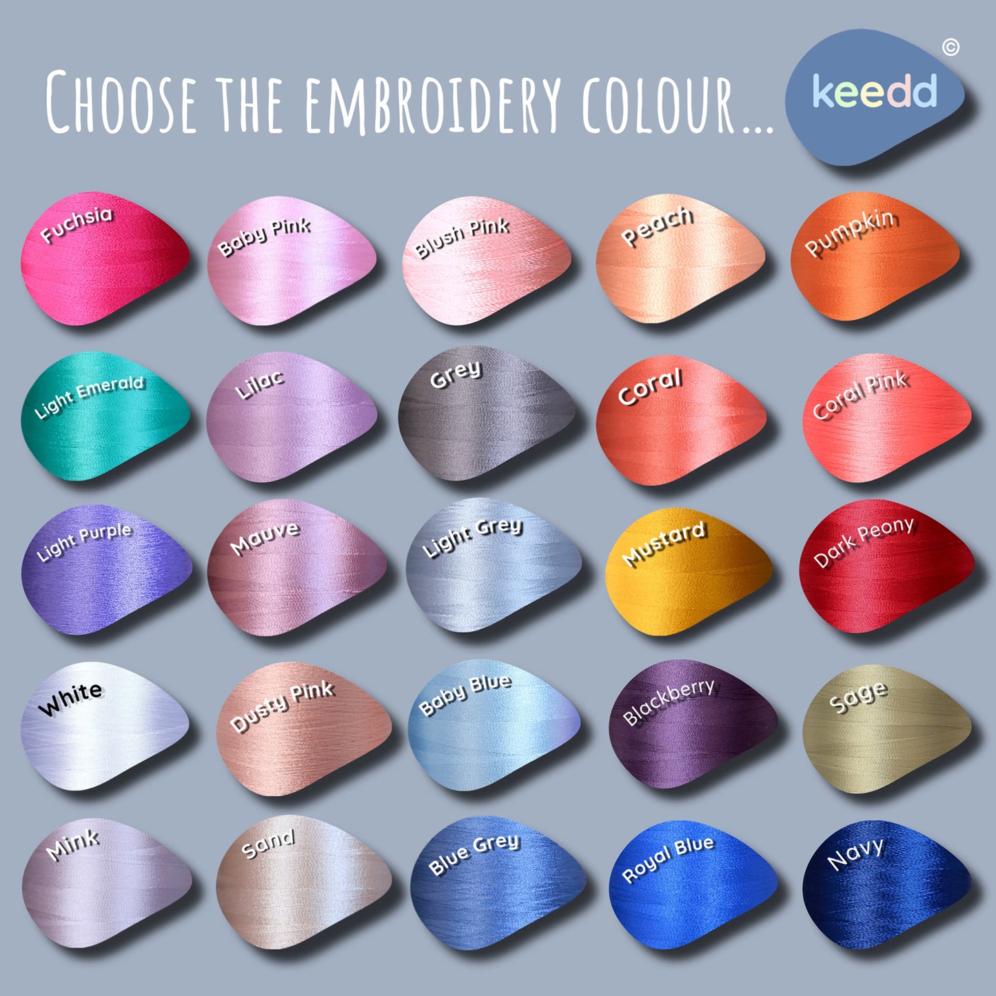 Color swatches for embroidery with names and Keedd branding on a gray background