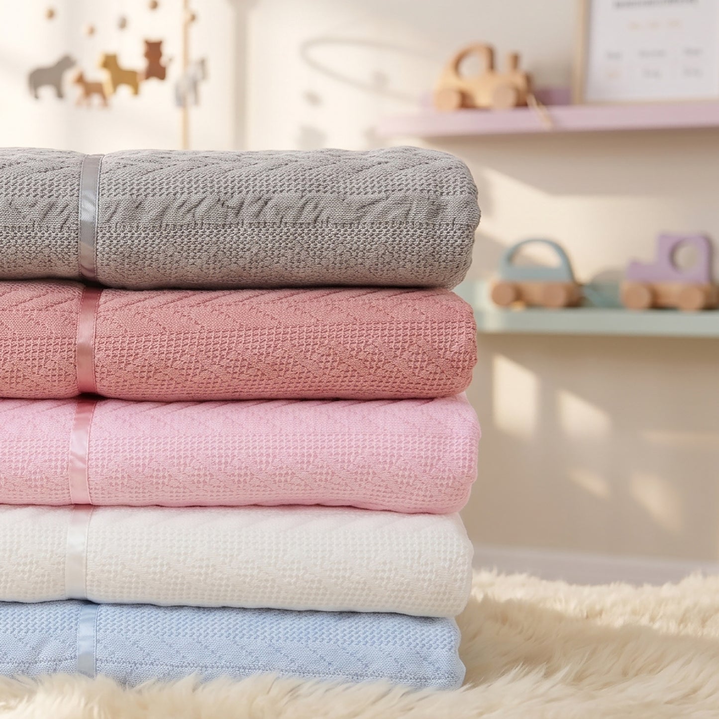 A stack of four folded textured knit blankets in gray, dusty pink, cream, and light blue, arranged on a soft white faux-fur surface in a softly blurred nursery-like setting.