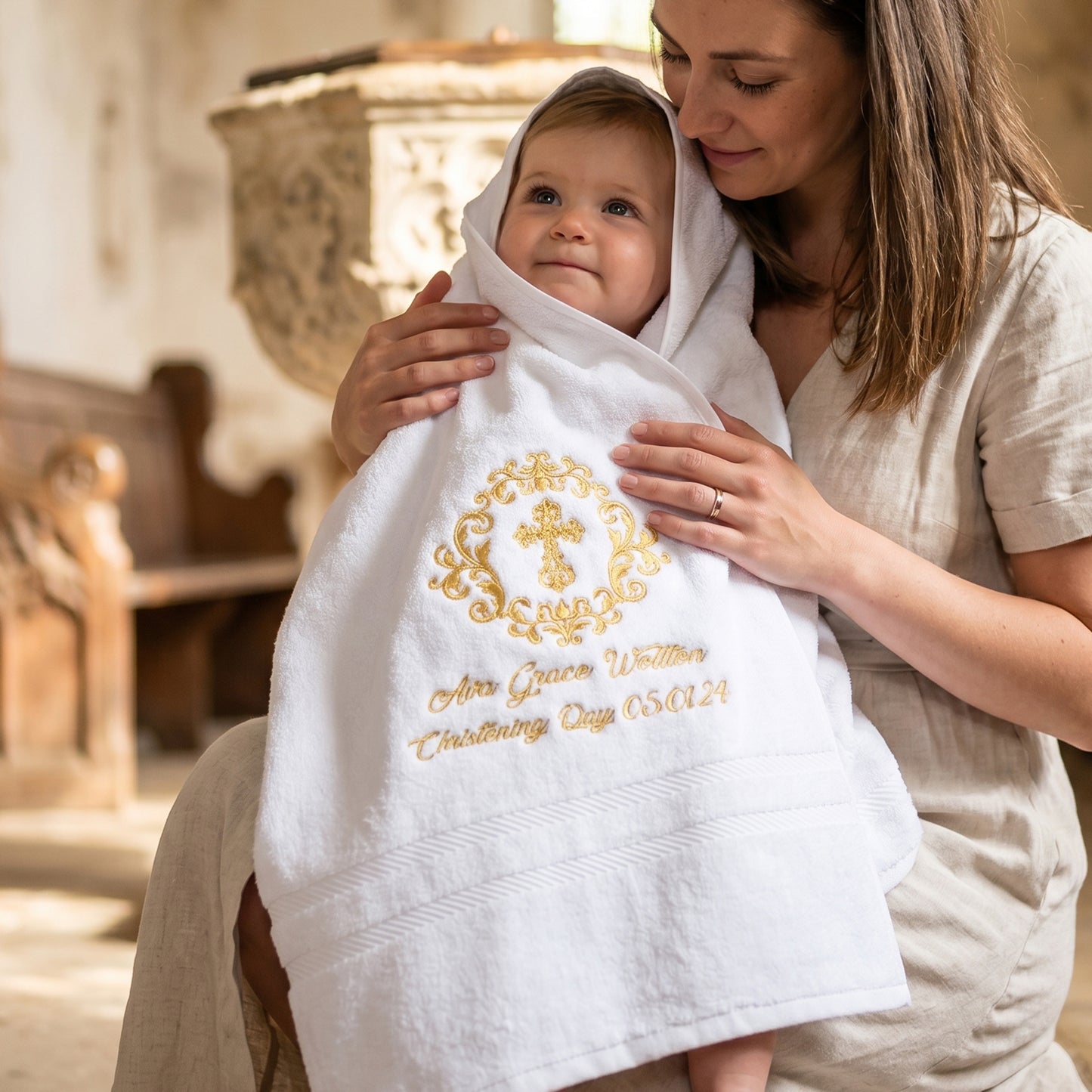 Personalised Christening Bath Towel – Gold Wreath & Cross