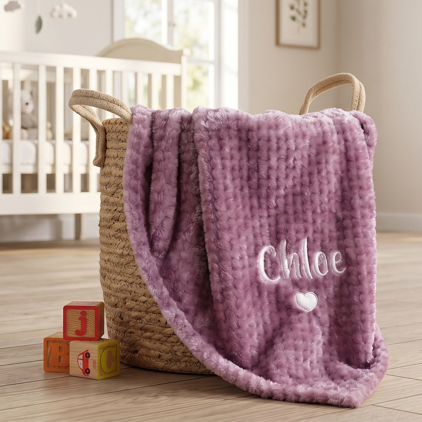 A plush lavender-purple textured blanket with the name 'Chloe' and a small white heart embroidered on it, draped over a woven straw baby basket in a softly lit nursery.