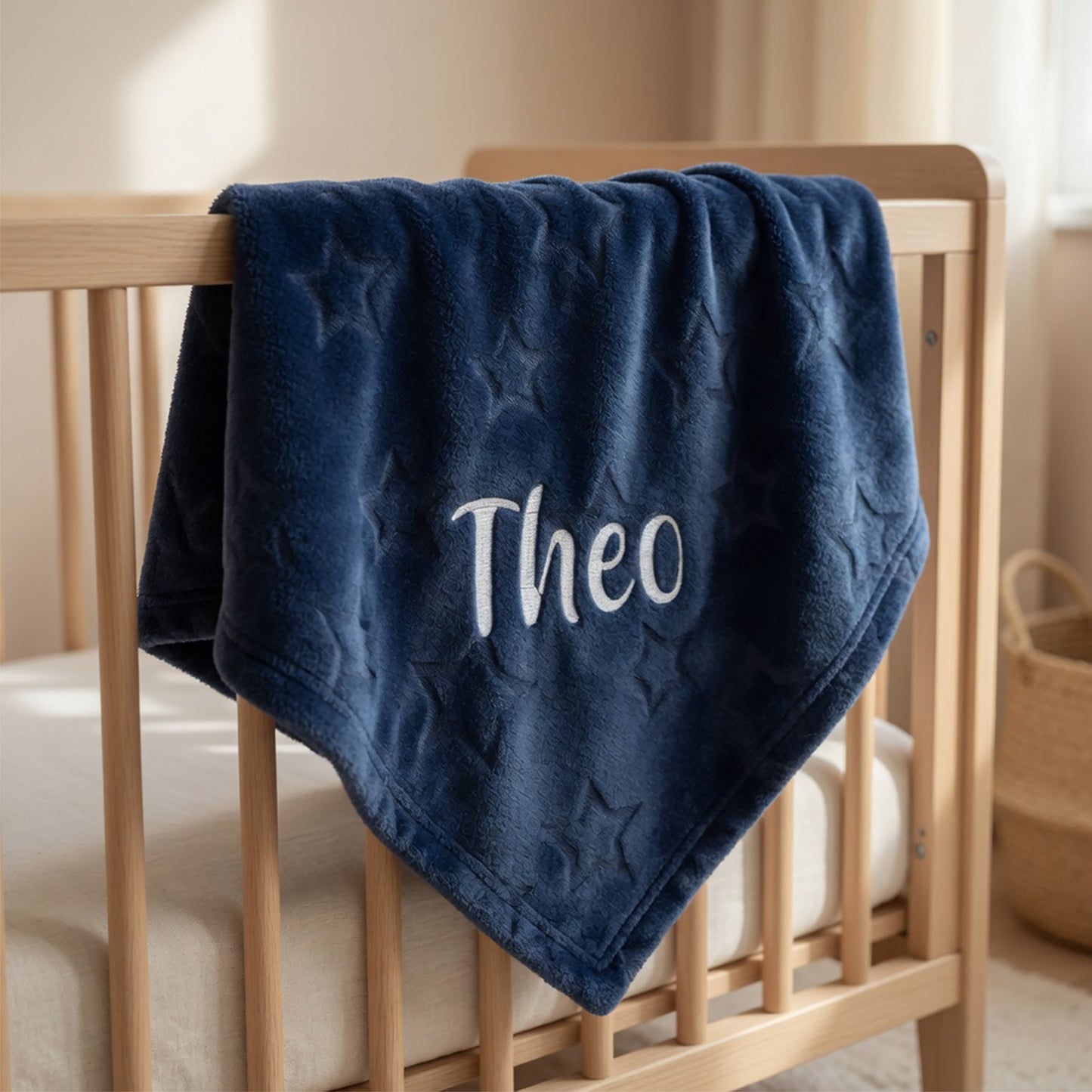 Navy blue blanket with 'Theo' embroidered on a wooden crib