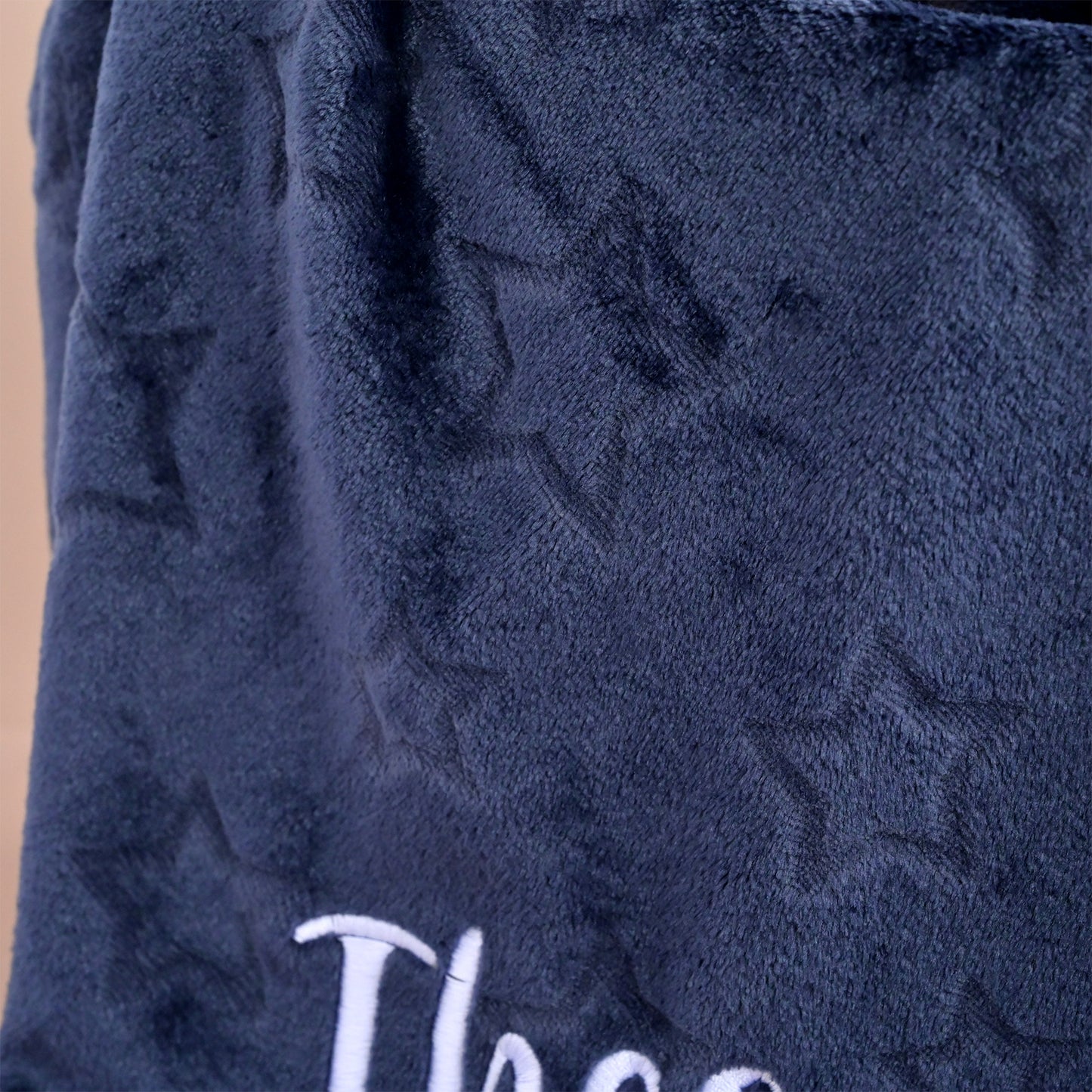 Navy blue fabric with star pattern and 'These' text on a beige background