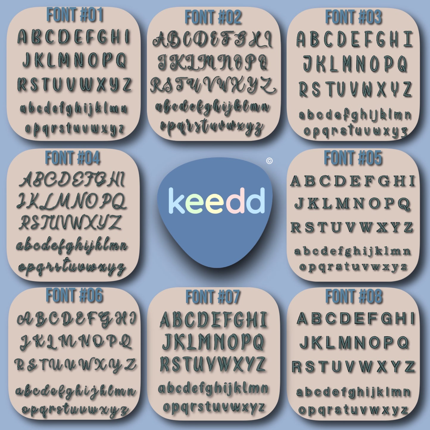 Set of eight wooden letter boards with different fonts and a 'keedd' logo in the center.