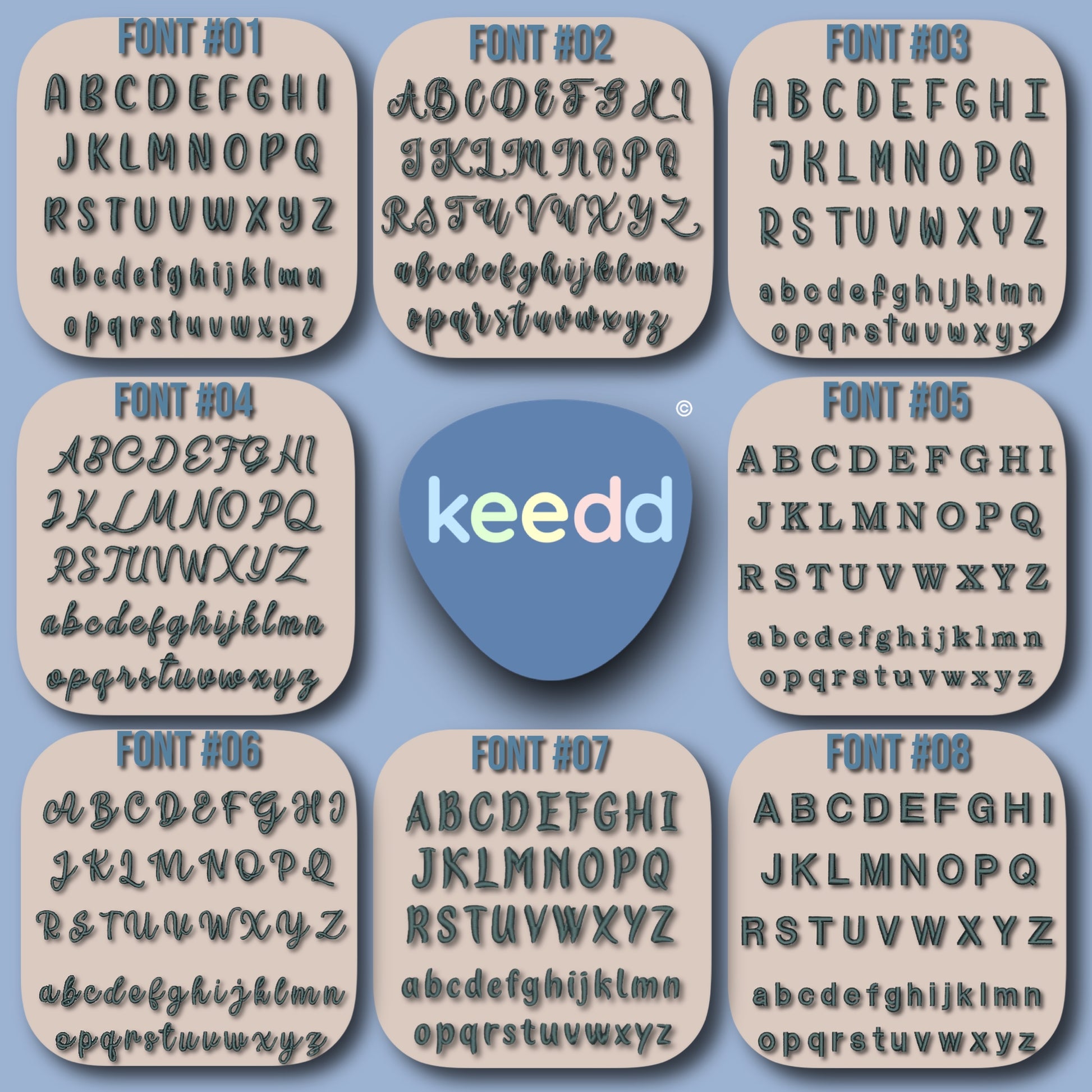 Set of eight wooden letter boards with different fonts and a 'keedd' logo in the center.