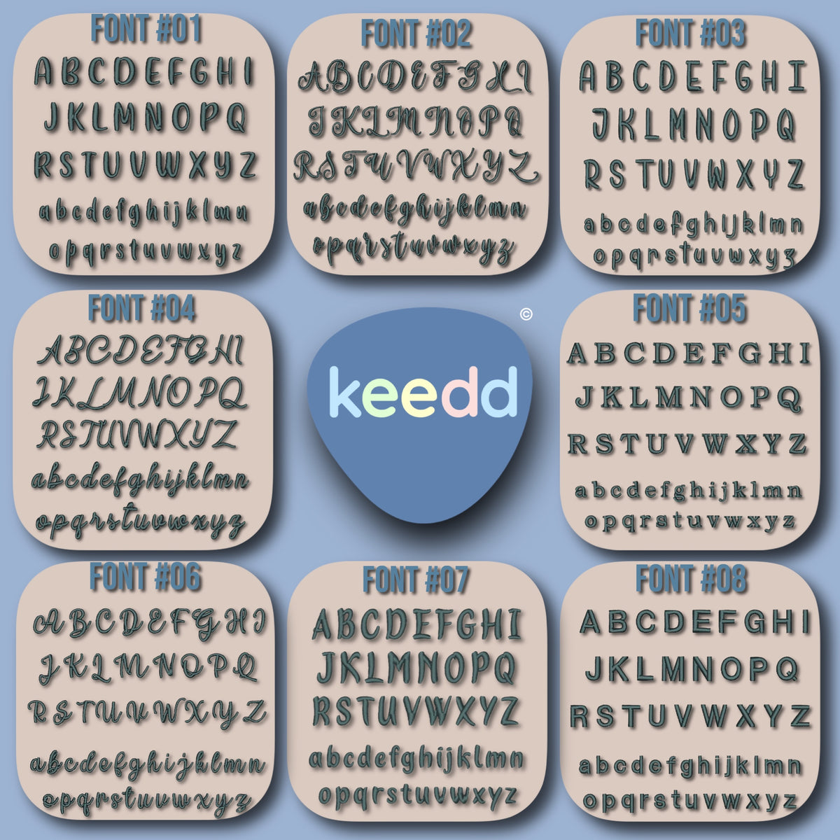 Set of eight wooden letter boards with different fonts and a 'keedd' logo in the center.